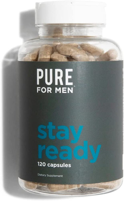 A clear plastic bottle with white cap labeled pure for men stay ready 120 capsules containing beige supplement capsules