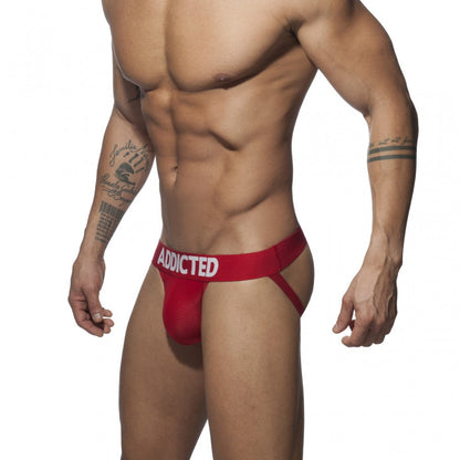 Red addicted push-up mesh jockstrap featuring breathable mesh fabric for enhanced support and comfort
