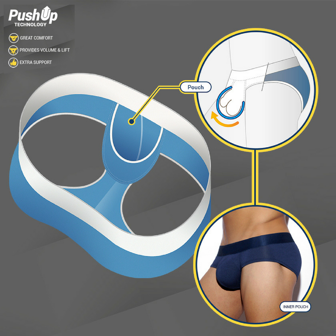 Blue and white push-up mesh jockstrap with inner pouch for volume and lift in men’s underwear style