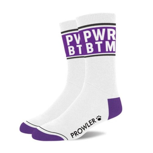 White crew socks with purple accents and bold pwr btbm lettering on the cuff and matching purple toe and heel
