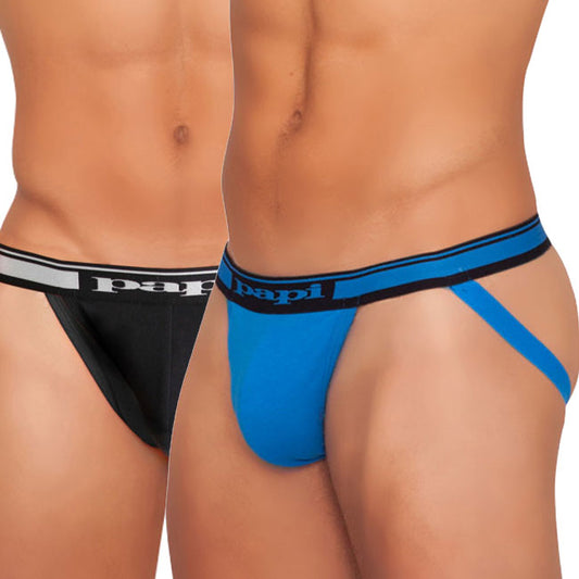 Blue and black papi cotton stretch essentials jockstrap underwear with striped waistband size l pack of two