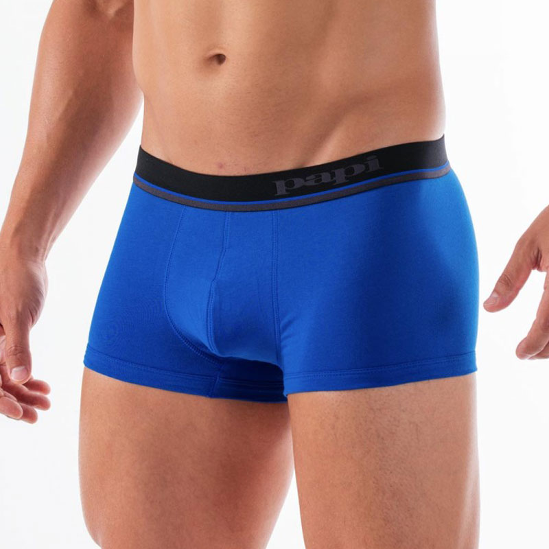 Bright blue papi men’s cotton stretch brazilian trunk briefs with black waistband and gray logo size small