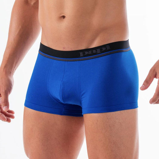 Bright blue papi men’s cotton stretch brazilian trunk briefs with black waistband and gray logo size small