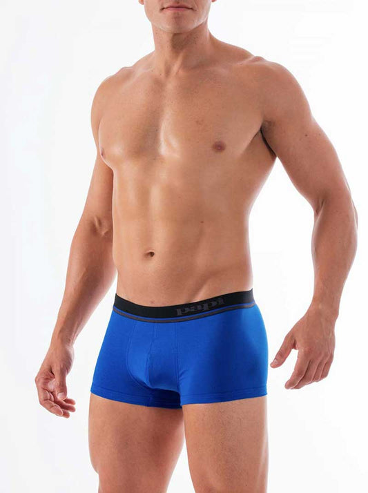 Blue men’s cotton stretch boxer briefs with black elastic waistband featuring brand name size s from papi 3 pack