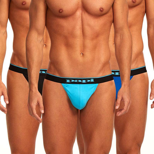 Bright blue papi brand cotton stretch jockstrap with black waistband and light blue trim size small