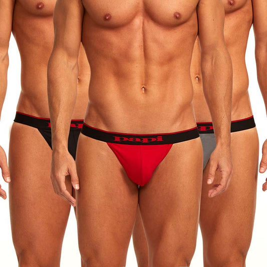 Red papi cotton stretch thong underwear in size m with black elastic waistband shown from the back side