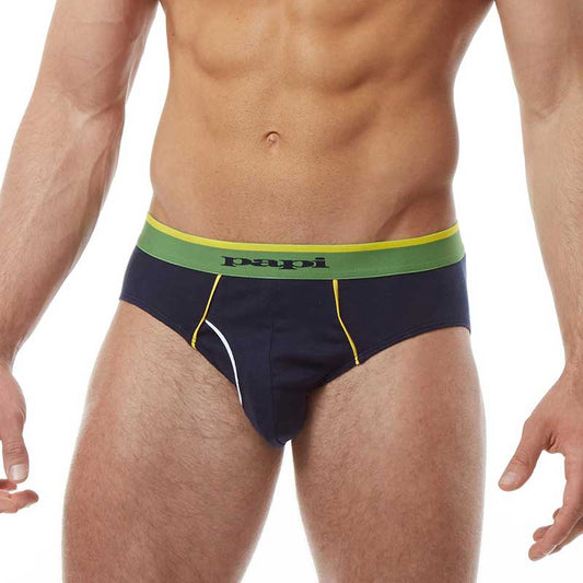 Navy blue papi heritage clasico hip briefs with green waistband and yellow stitching in medium size