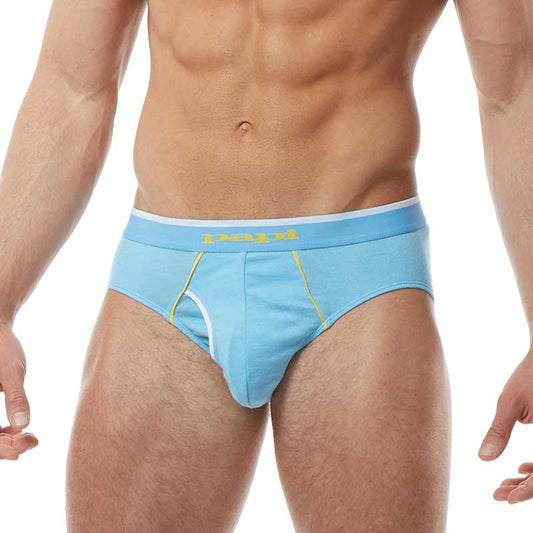 Light blue papi heritage clasico hip brief underwear with yellow white trim and branded waistband size m