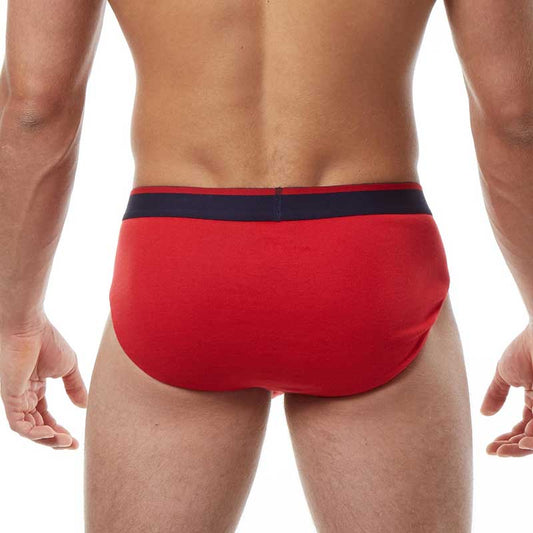 Red men’s briefs with a navy blue waistband from papi heritage clasico hip brief underwear 3 pack size m