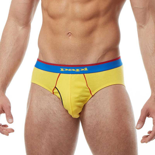 Bright yellow papi briefs with blue waistband red trim and gold papi logo part of heritage clasico hip brief 3 pack size m