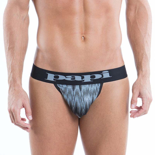 Papi ignite me thong underwear in black with gray patterned fabric and bold logo band size s shown from front