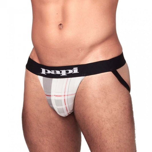 White and gray plaid briefs with black elastic waistband featuring papi logo in size large for comfortable wear