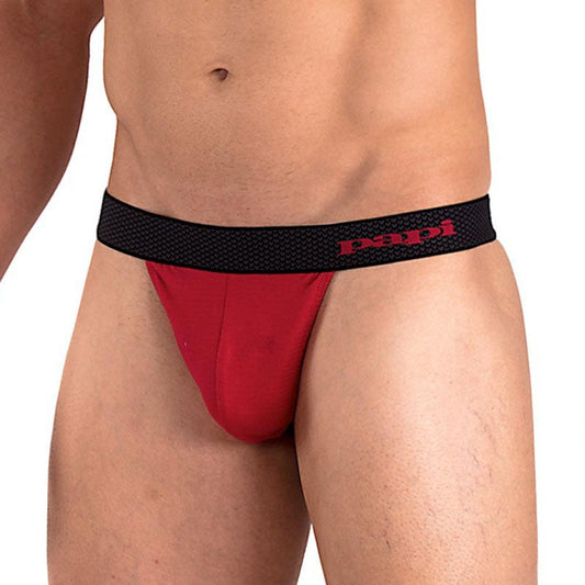 Papi player’s club thong underwear size m with red fabric and black textured waistband featuring red lettering