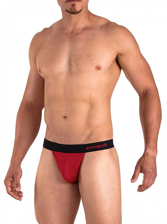 Red men’s briefs with a black elastic waistband featuring the papi players club logo in red lettering size m