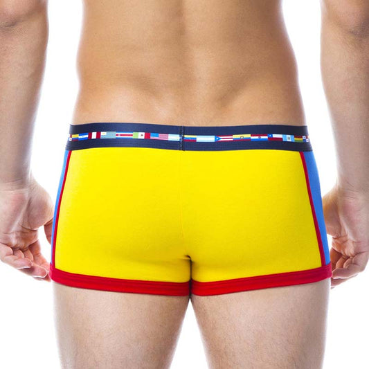 Papi viva heritage brazilian trunk underwear in sicilian yellow with red and blue panels and navy waistband with flags size s