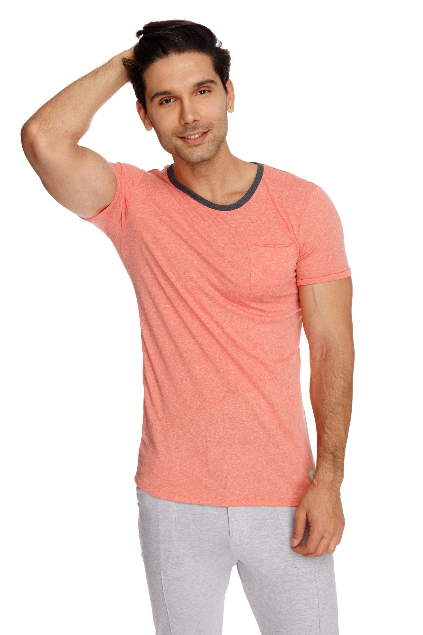 Coral-colored apricot slub perfect pocket crew-neck tee with short sleeves dark gray ribbed crew neckline and chest pocket