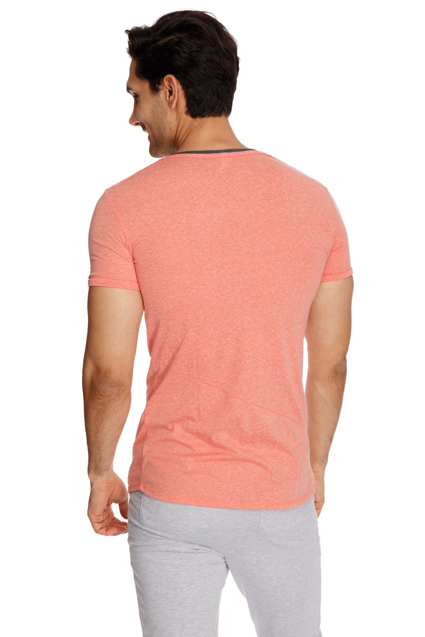 A coral-colored perfect pocket crew-neck tee with subtle heathered texture and black neckline trim for men