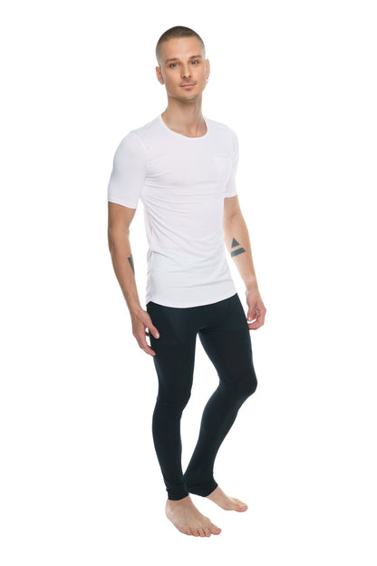 White short-sleeved crew neck perfect pocket tee paired with black form-fitting leggings in arctic white color