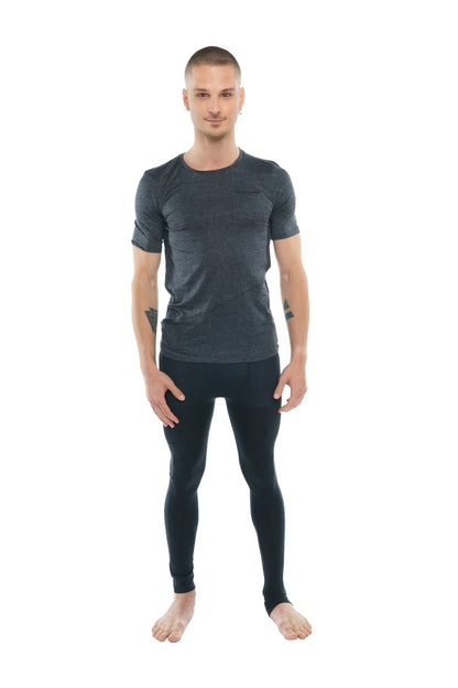 Dark gray short-sleeved athletic perfect pocket crew-neck tee with subtle textured pattern in charcoal heather