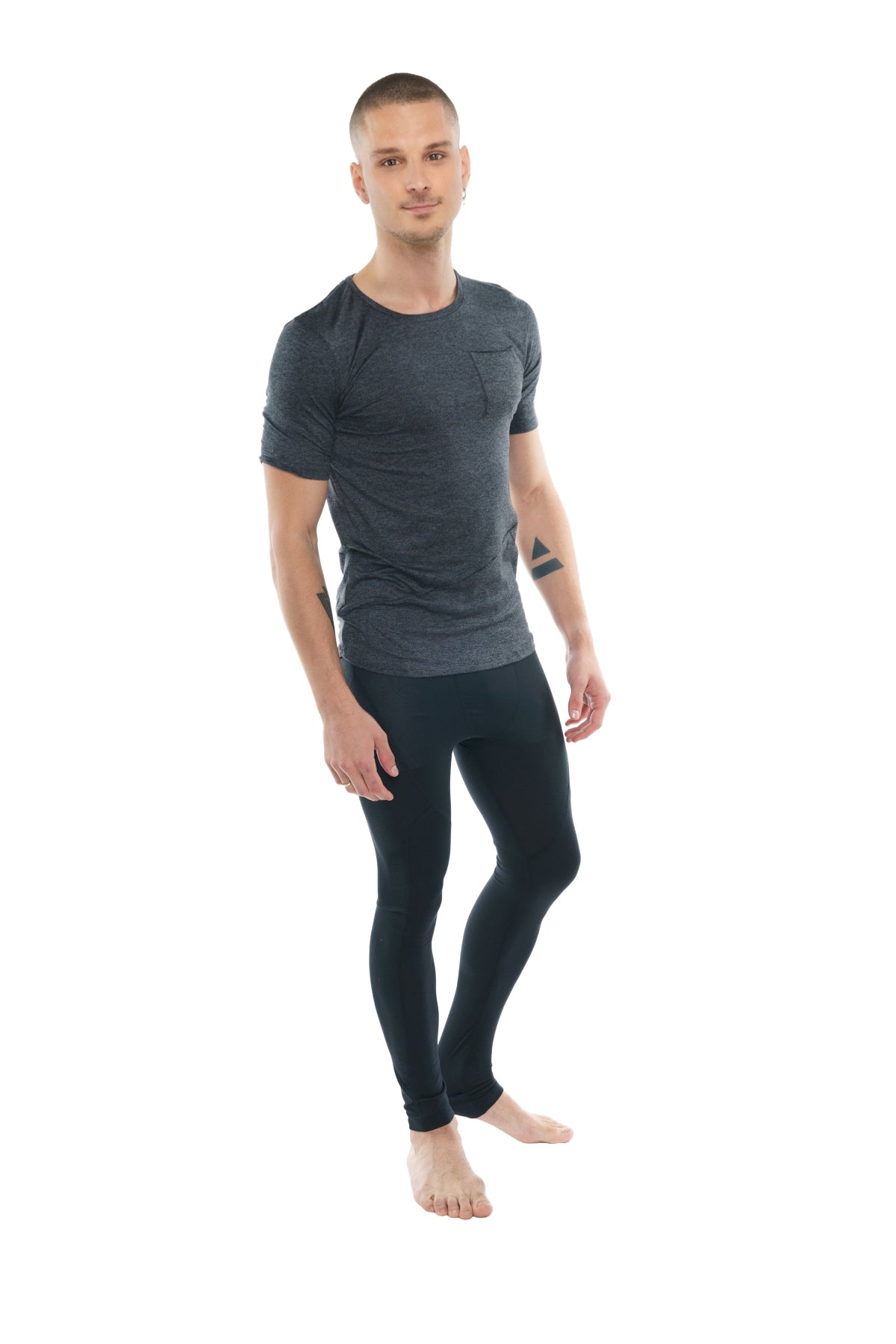 Dark gray short-sleeved athletic crew-neck tee with subtle textured fabric and small chest pocket in charcoal heather