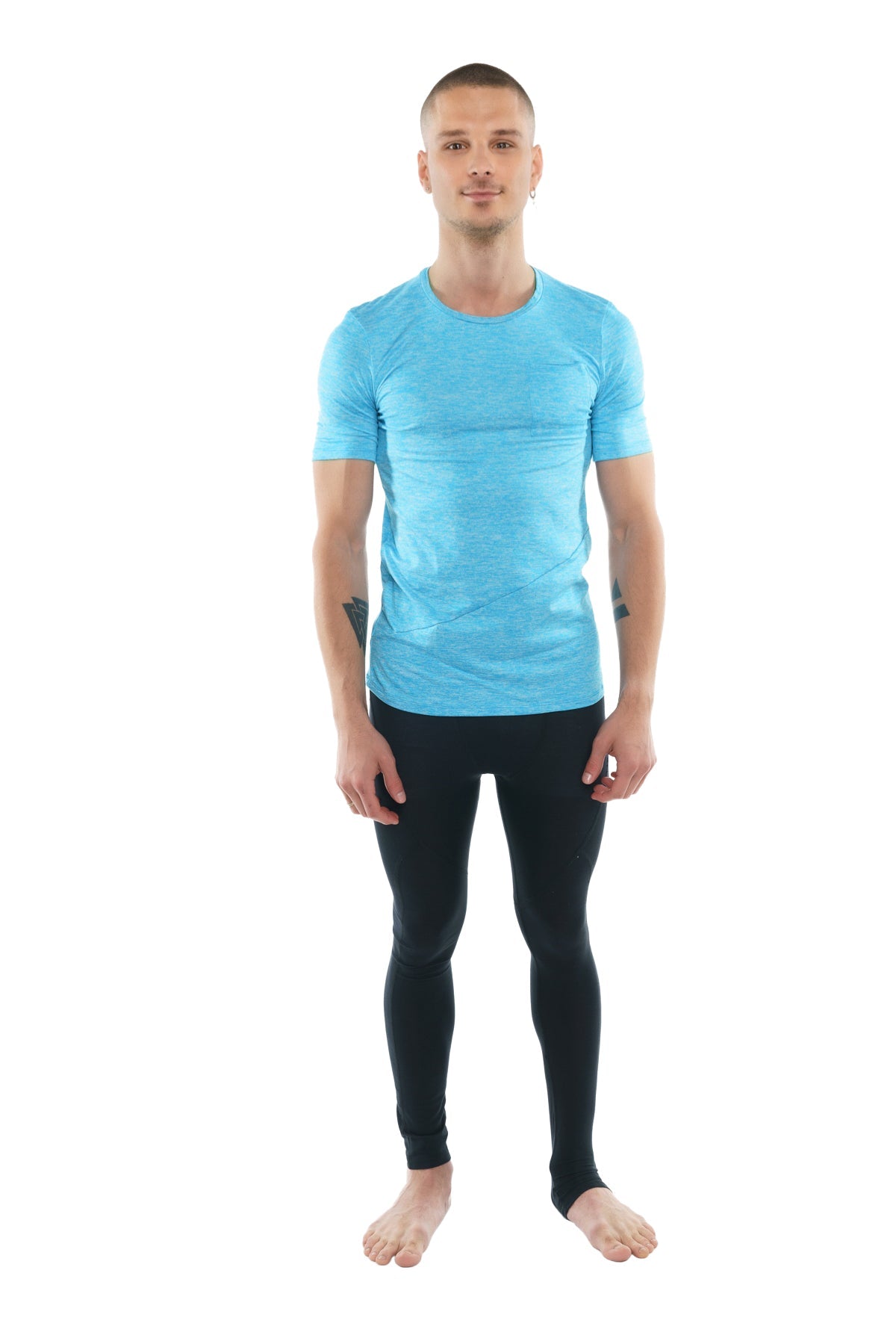 A light blue short-sleeved perfect pocket crew-neck tee with a subtle textured pattern for athletic use