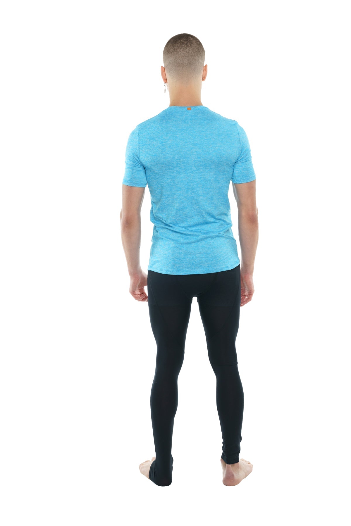 A light blue perfect pocket crew-neck tee with short sleeves and a subtle heathered texture