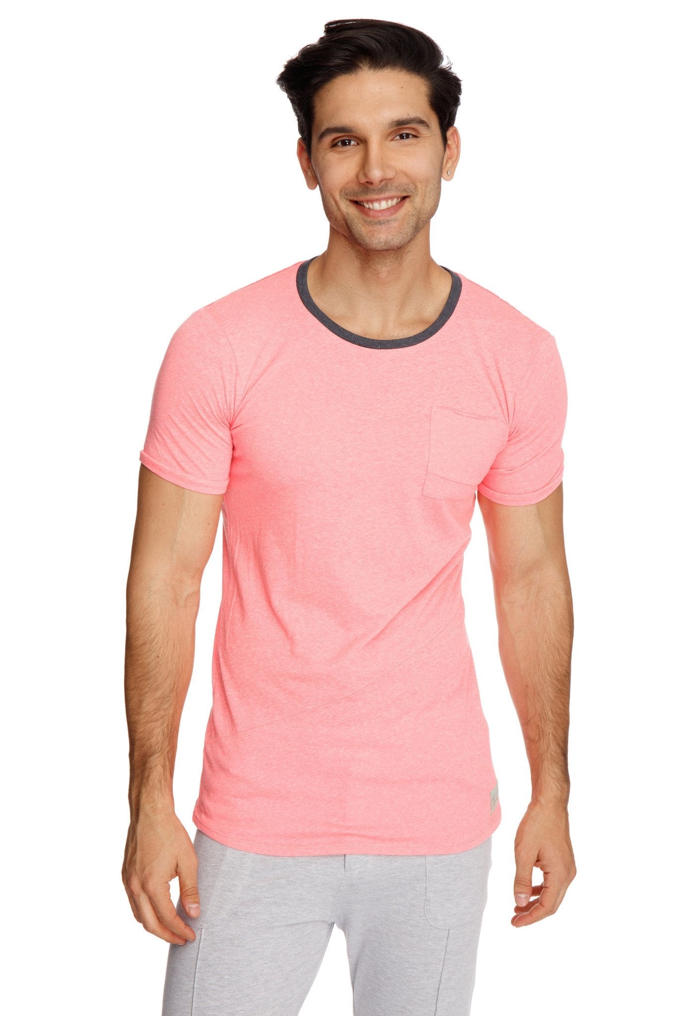Pink short-sleeved coral slub tee with dark gray ribbed crew neck and chest pocket perfect pocket crew-neck tee