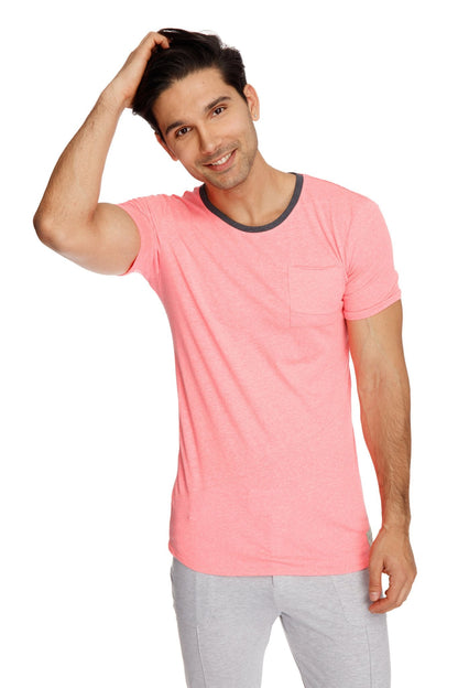 Perfect pocket crew-neck tee coral slub in pink with a black ribbed crew neckline and chest pocket made of soft fabric