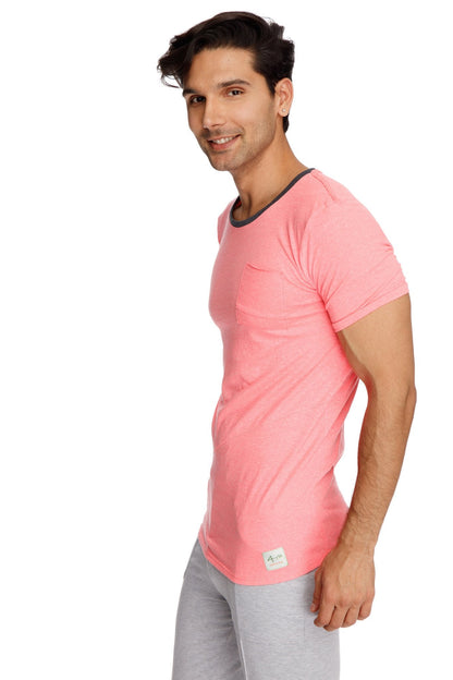 Men’s coral slub perfect pocket crew-neck tee with pink short sleeves and black ribbed crew neck detailing