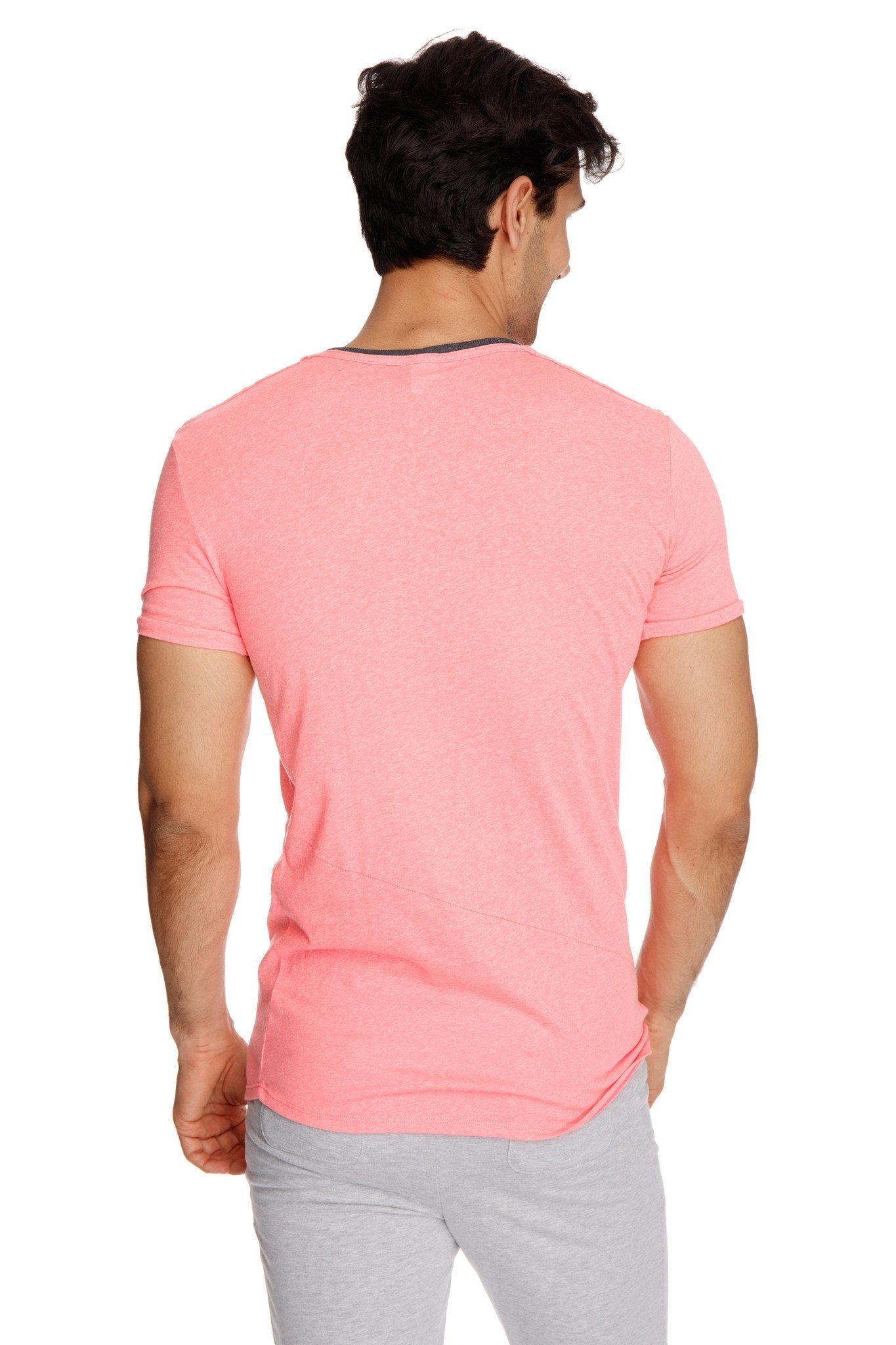 Men’s perfect pocket crew-neck tee in solid coral pink slub with dark gray trim on neckline and sleeve hems