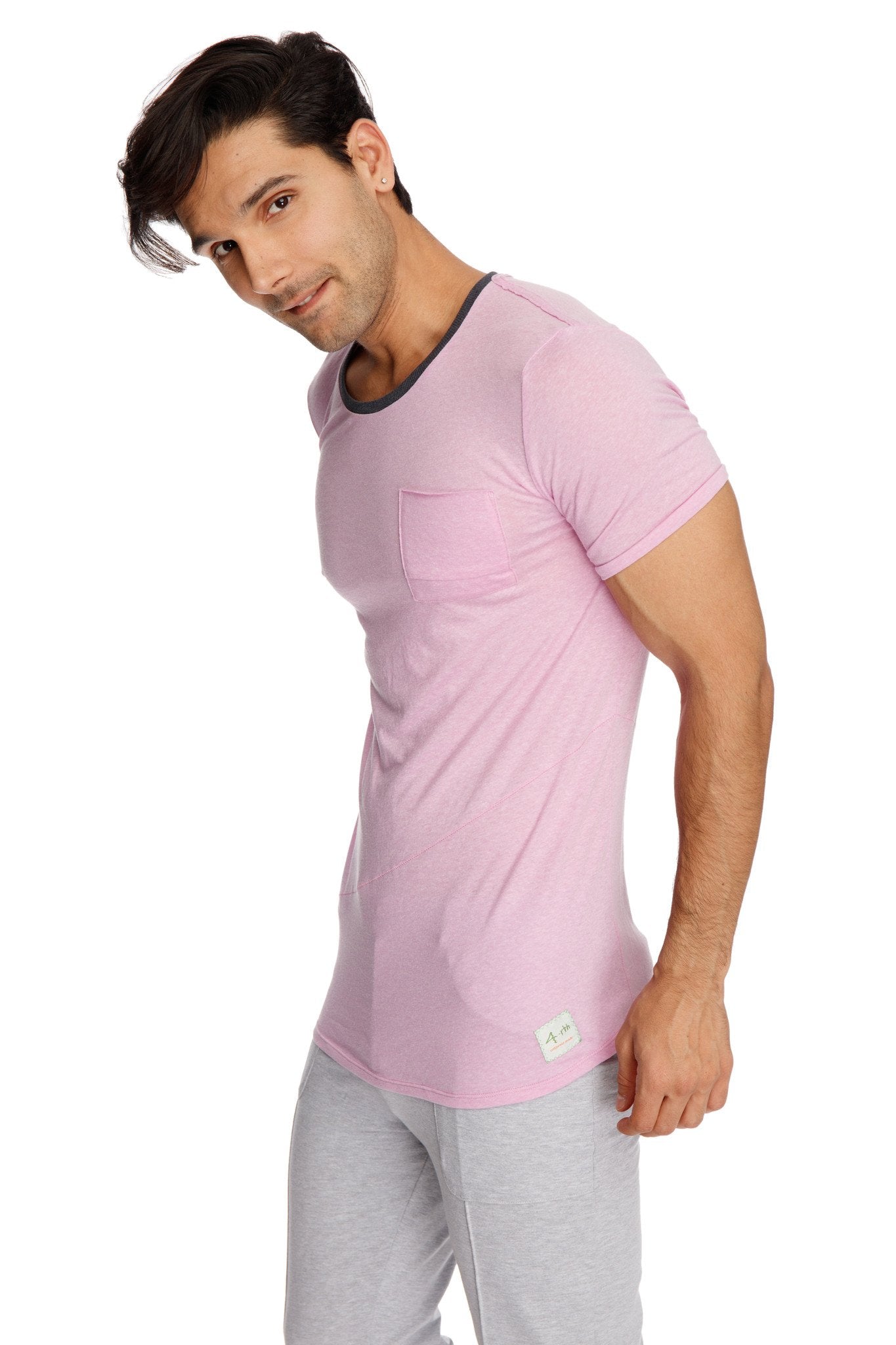 A soft pink perfect pocket crew-neck tee in iris slub fabric with black ribbed crew neckline and chest pocket