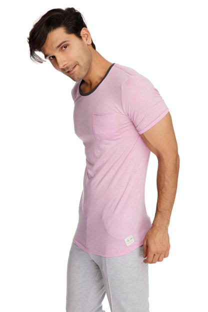 A soft pink perfect pocket crew-neck tee in iris slub fabric with black ribbed crew neckline and chest pocket