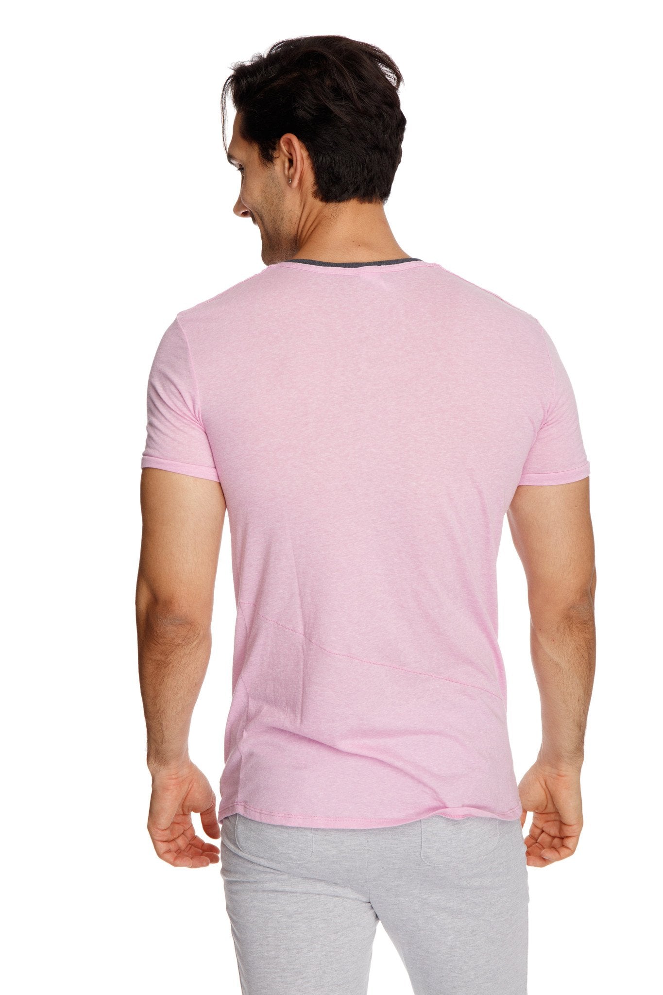 A soft pink perfect pocket crew-neck tee with dark gray trim and short sleeves in iris slub material