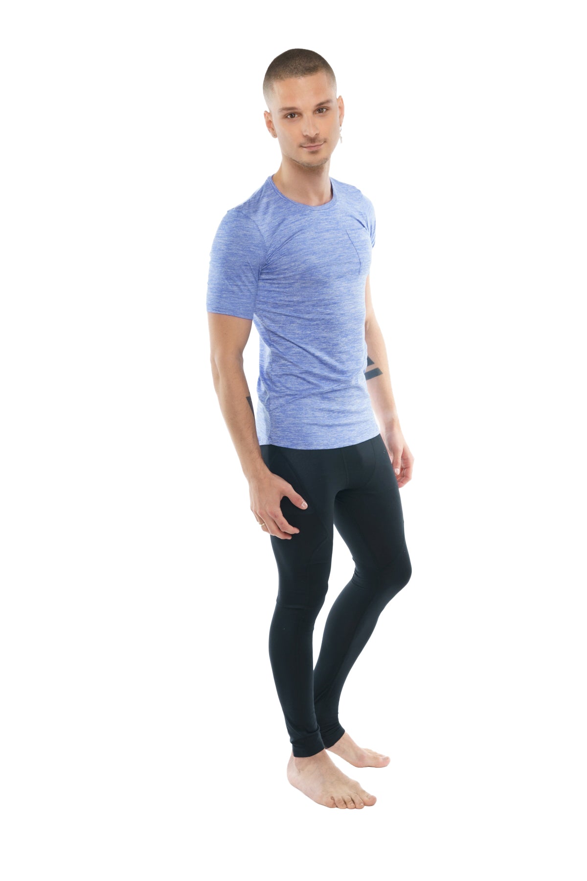Light blue textured short sleeve athletic crew neck tee with pocket in lavender heather for active wear