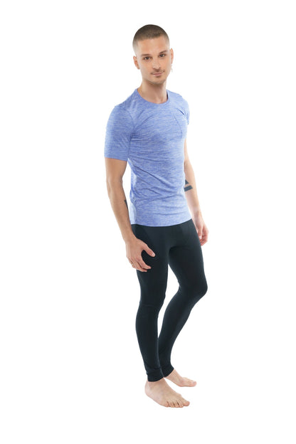Light blue textured short sleeve athletic crew neck tee with pocket in lavender heather for active wear