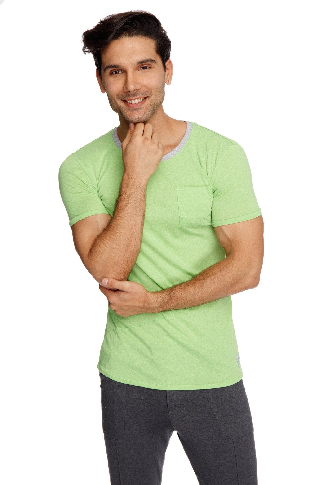 Light green short-sleeved crew-neck tee with subtle gray trim and chest pocket in lime slub fabric