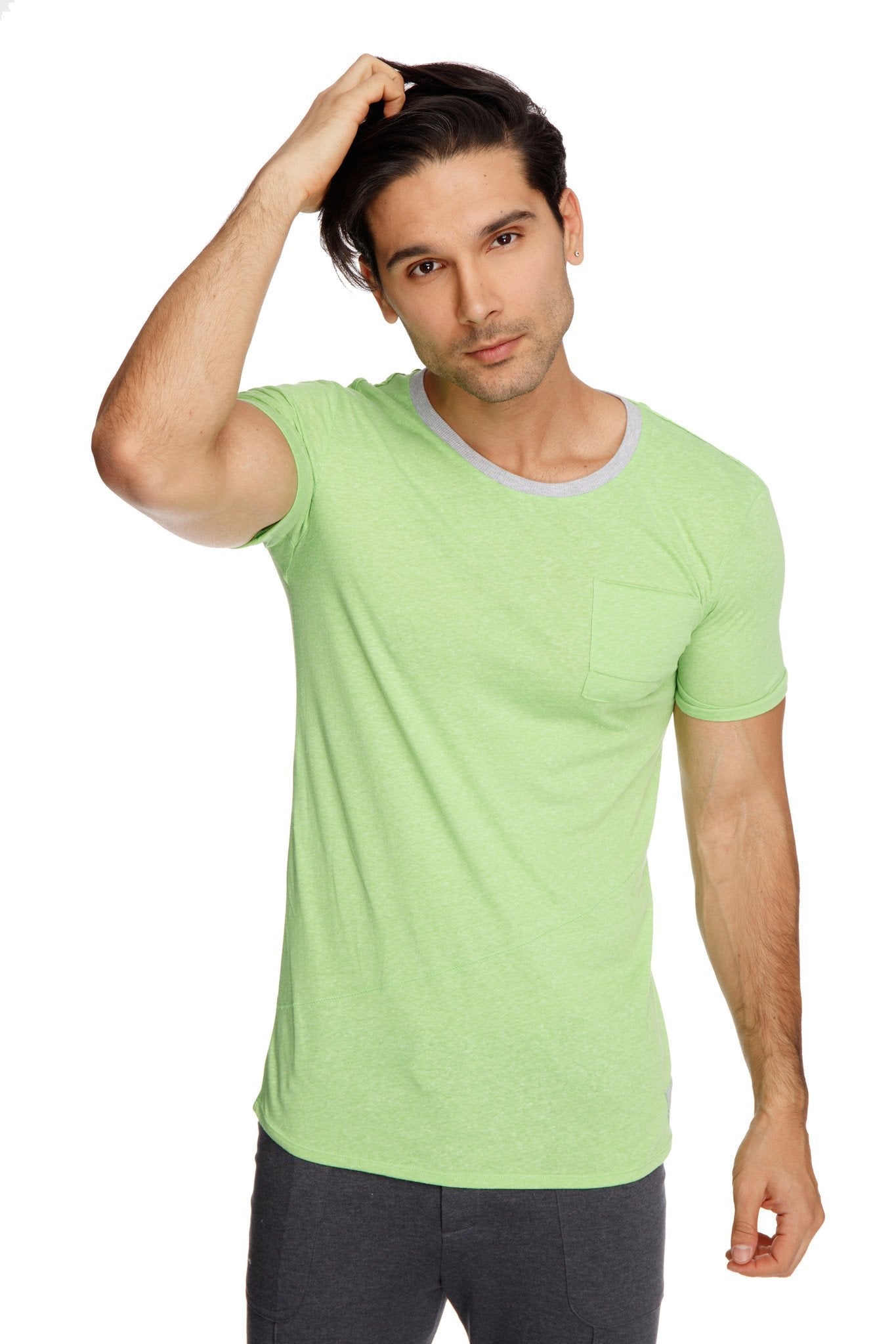 Light green perfect pocket crew-neck tee with gray ribbed neckline and chest pocket in lime slub material