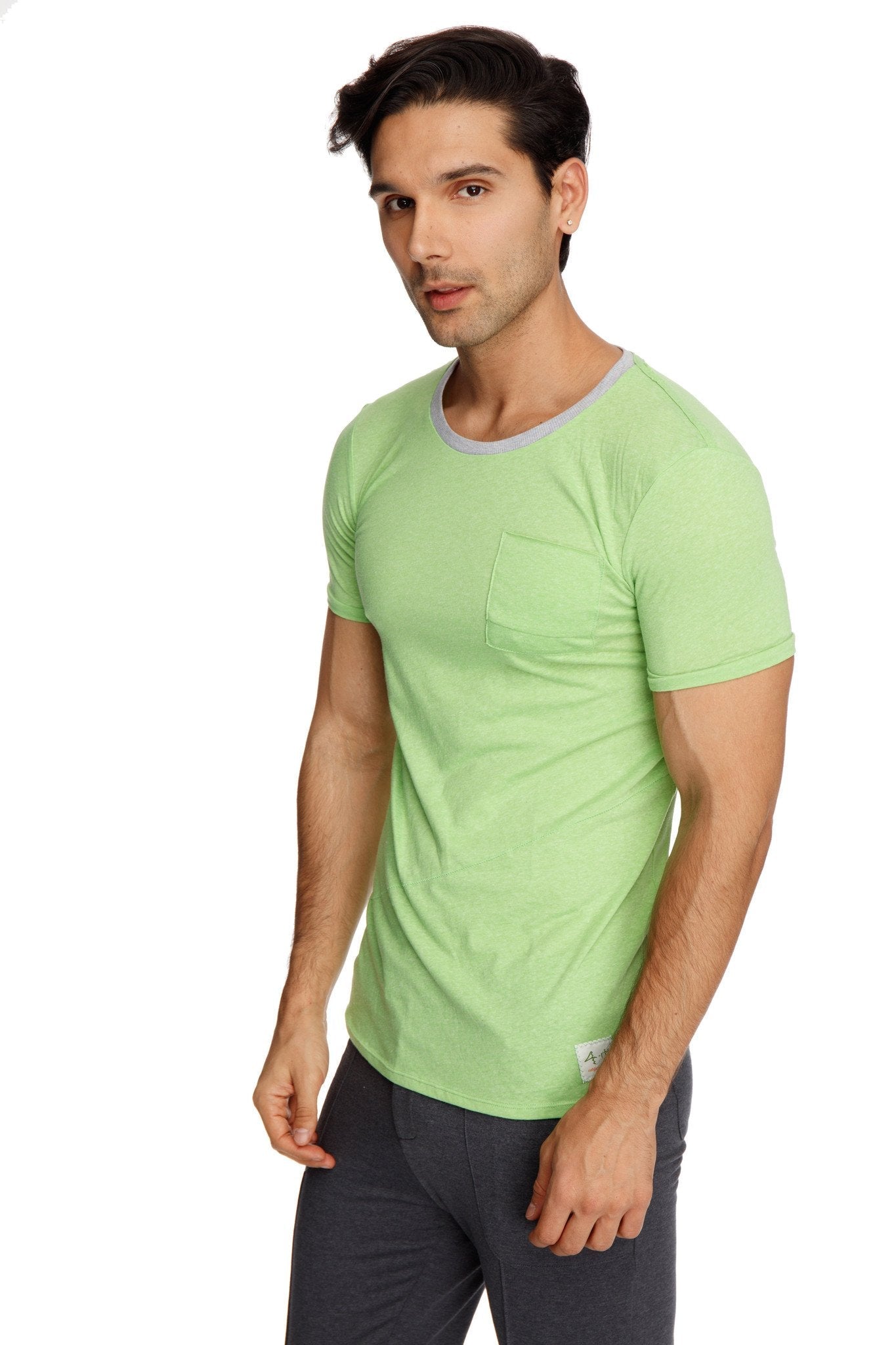 Light green perfect pocket crew-neck tee with gray ribbed collar and left chest pocket in soft slub fabric