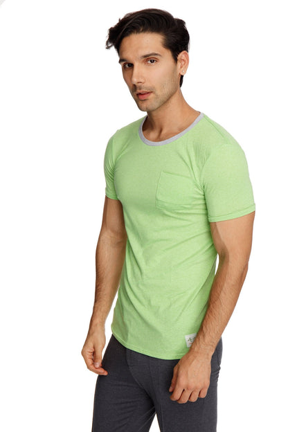 Light green perfect pocket crew-neck tee with gray ribbed collar and left chest pocket in soft slub fabric