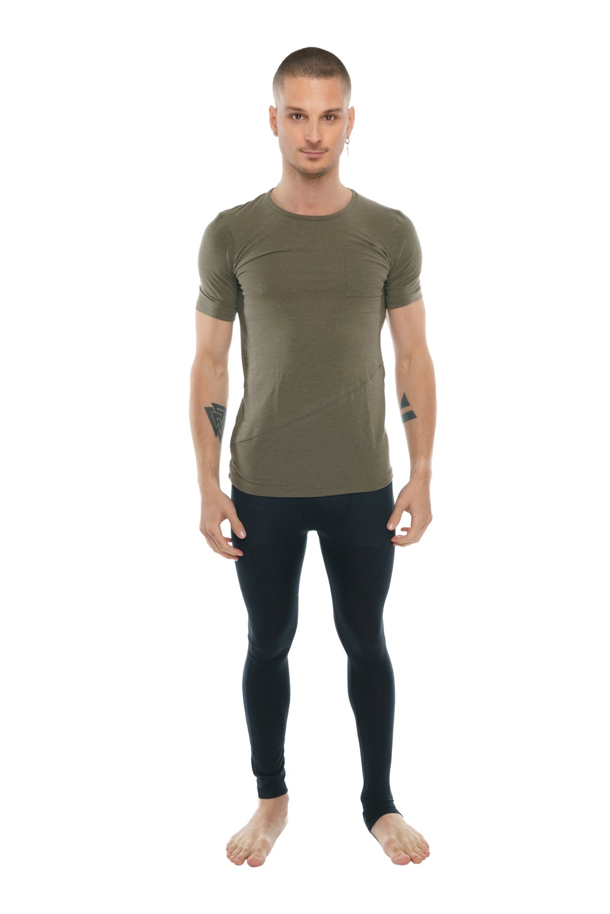 Olive green short-sleeved athletic t-shirt with perfect pocket crew-neck design for active wear