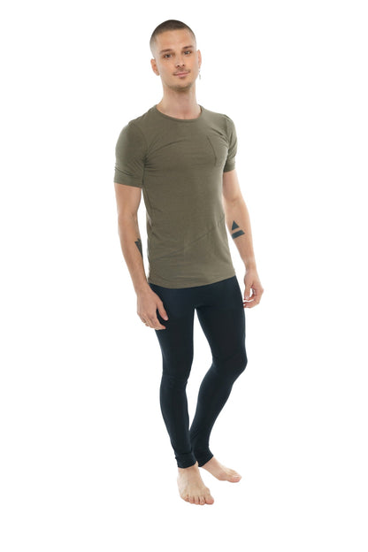 Olive green short-sleeved athletic crew-neck tee with subtle textured panels perfect for active wear