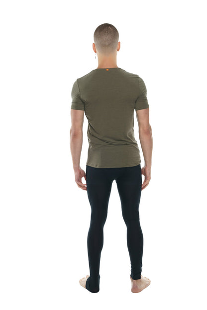 Olive green short-sleeved perfect pocket crew-neck tee with subtle orange logo at the neckline