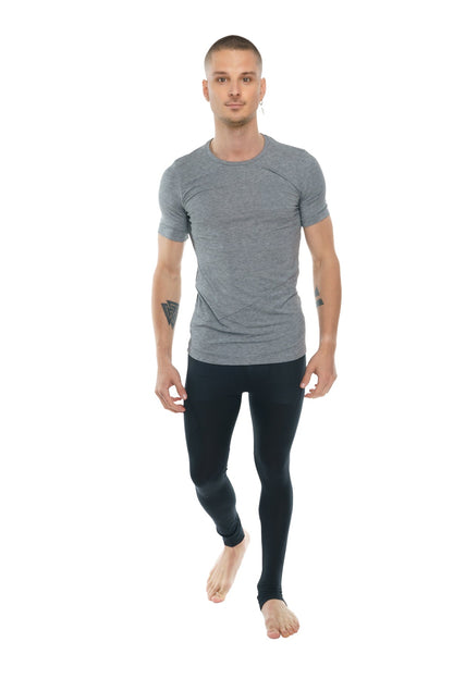 Gray short-sleeved perfect pocket crew-neck tee in steel heather with subtle heathered texture and ribbed neckline