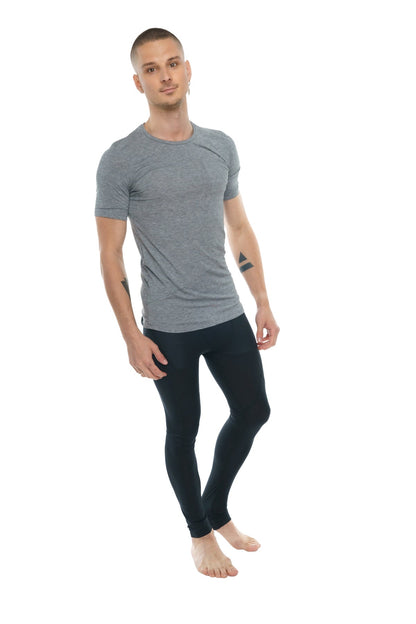 A sleek heather gray short-sleeved athletic tee with subtle texture and ribbed crew neckline perfect for workouts
