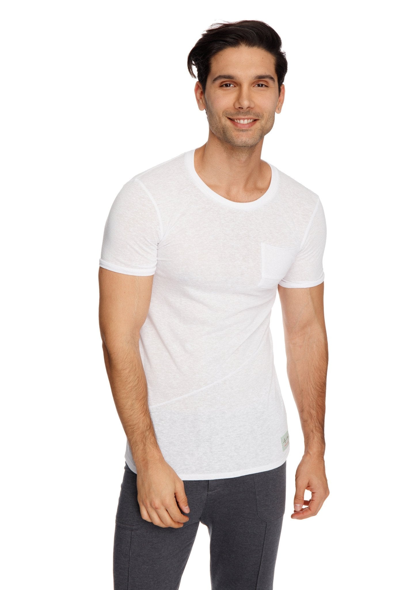 White slub crew-neck t-shirt with small chest pocket perfect for casual everyday wear