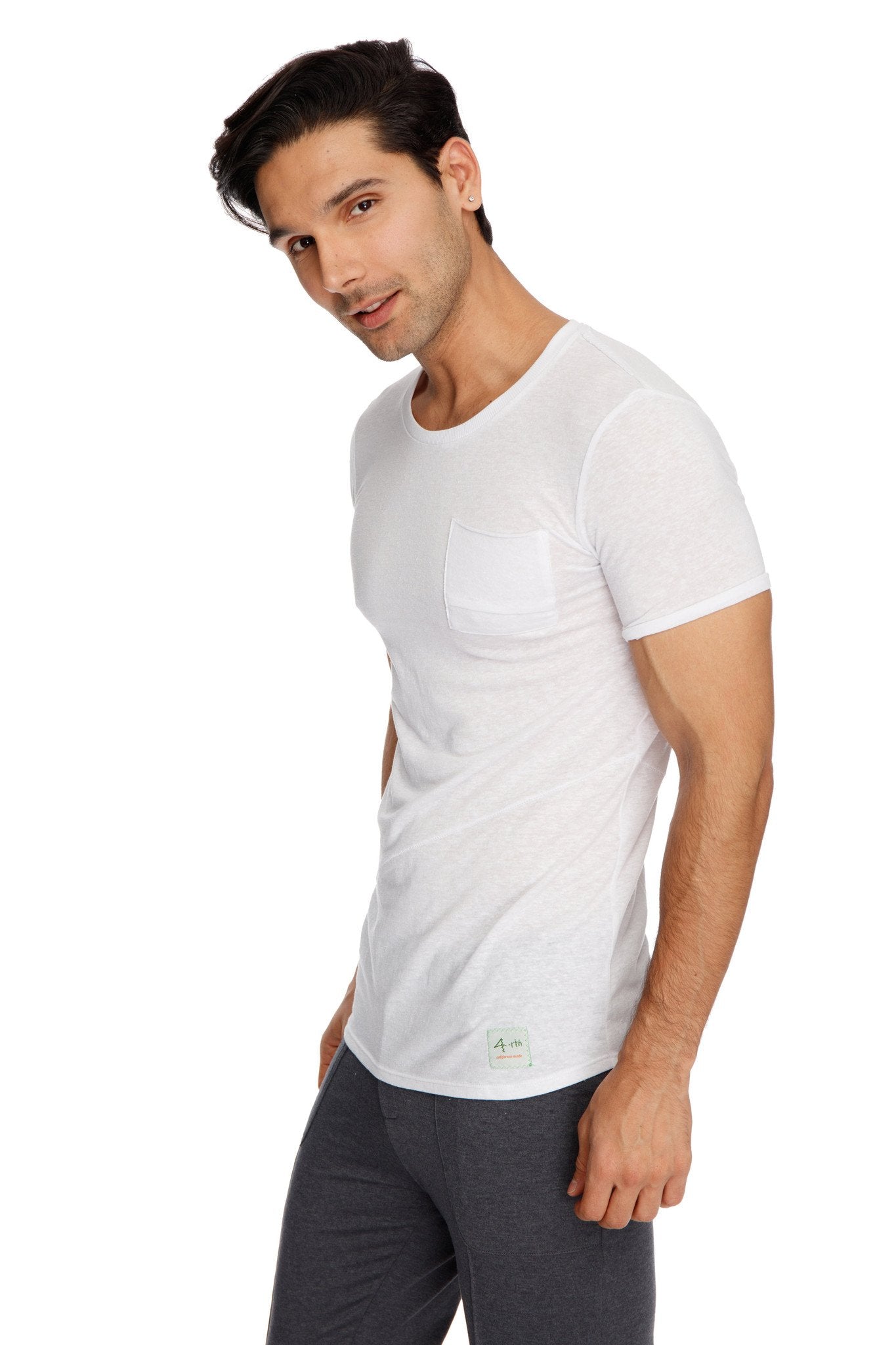 White slub crew-neck t-shirt with chest pocket and small brand tag at bottom hem perfect for casual wear