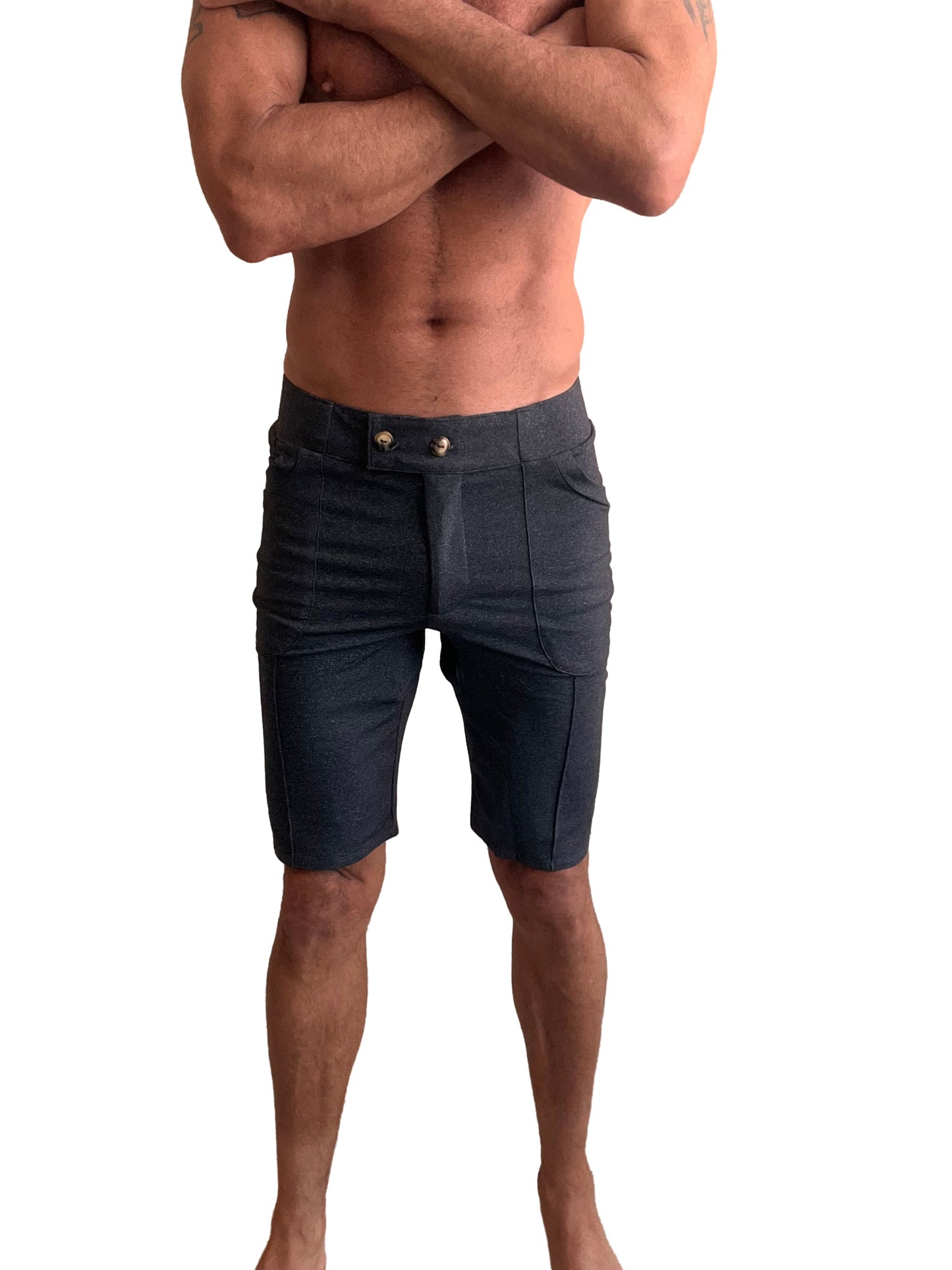Performance premium urban tactical dress shorts charcoal heather dark blue denim with tailored fit and gold-tone button closures