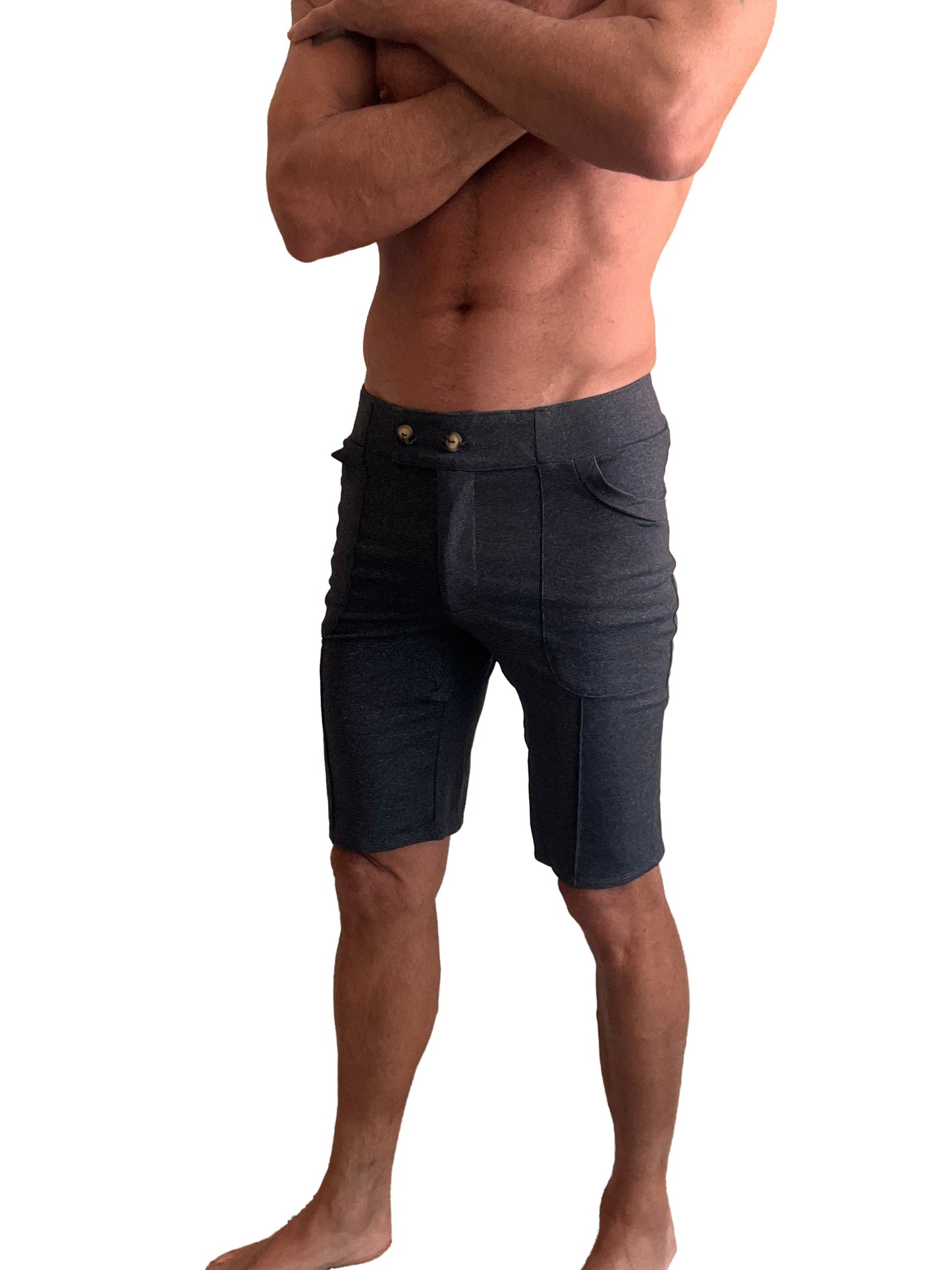 Performance premium urban tactical dress shorts in charcoal heather with dark gray denim fabric gold-tone buttons and pleated design