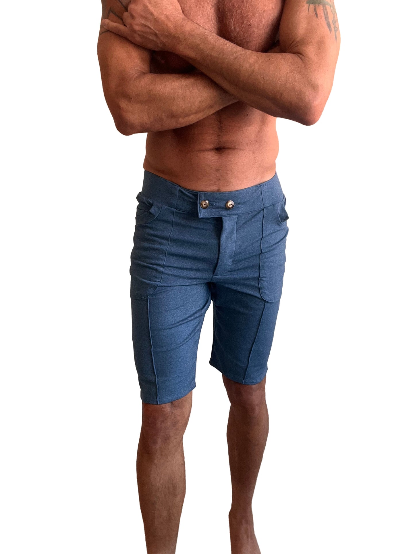 Performance premium urban tactical dress shorts in coral blue heather denim with tailored fit and silver button closures
