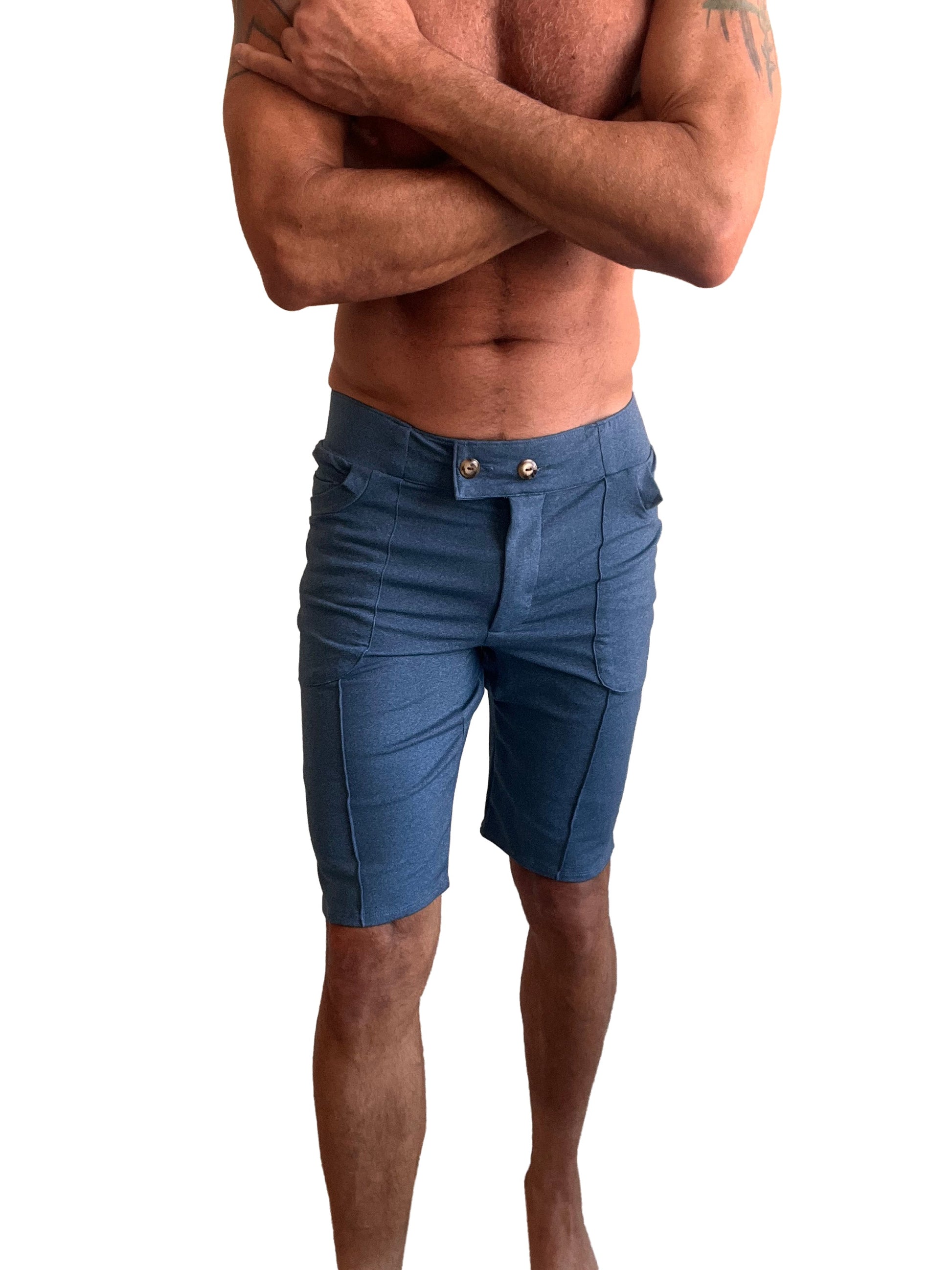 Performance premium urban tactical dress shorts in coral blue heather denim with tailored fit and silver button closures